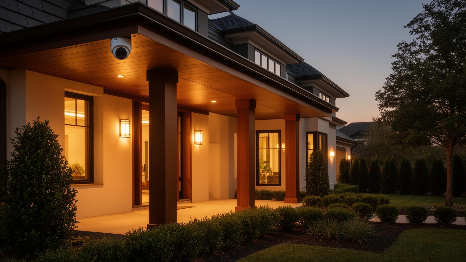 Discreet exterior security camera at eaves